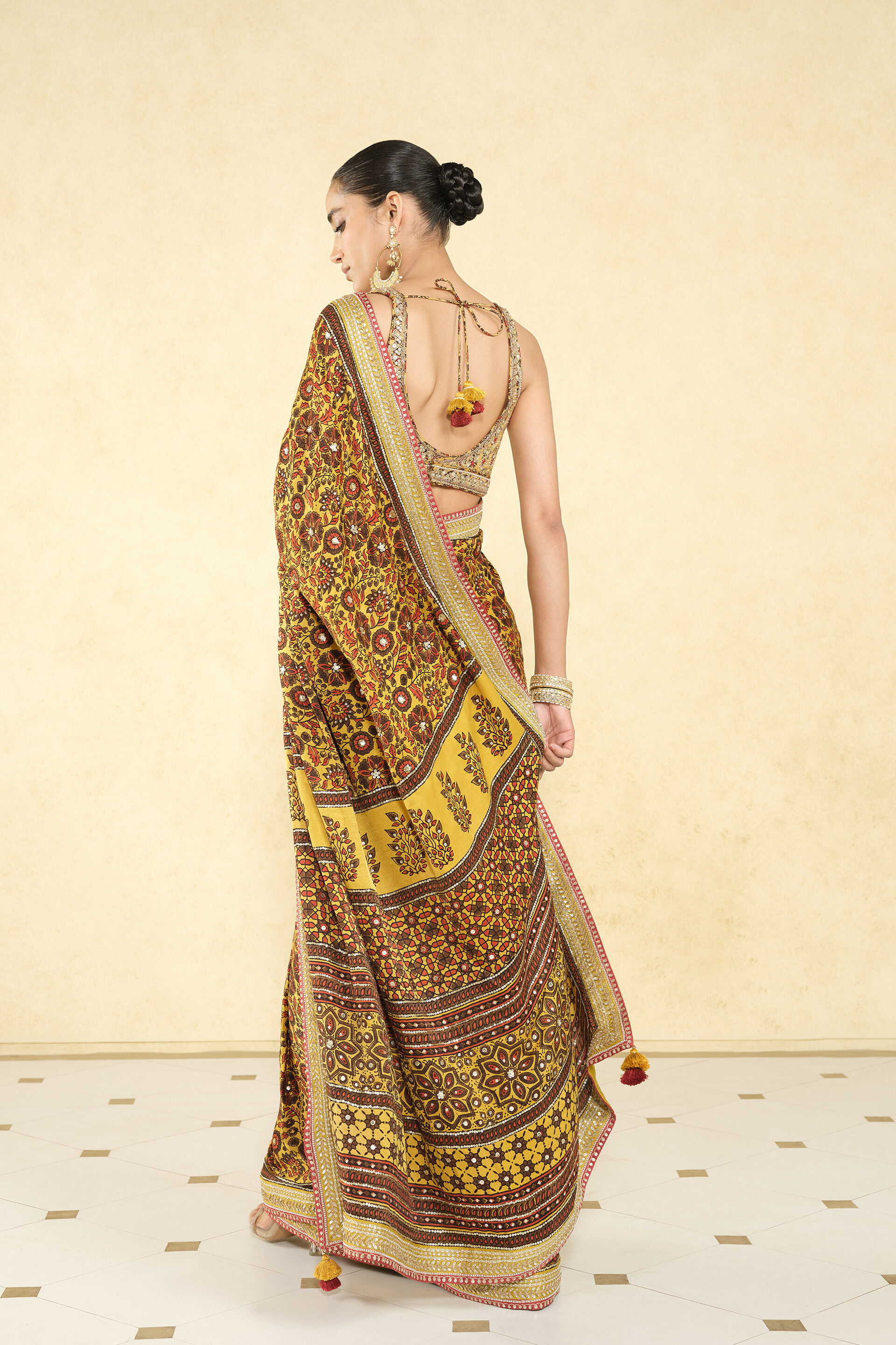 Kasano Ajrakh Hand-block Printed Silk Saree - Mustard, Mustard, image 3